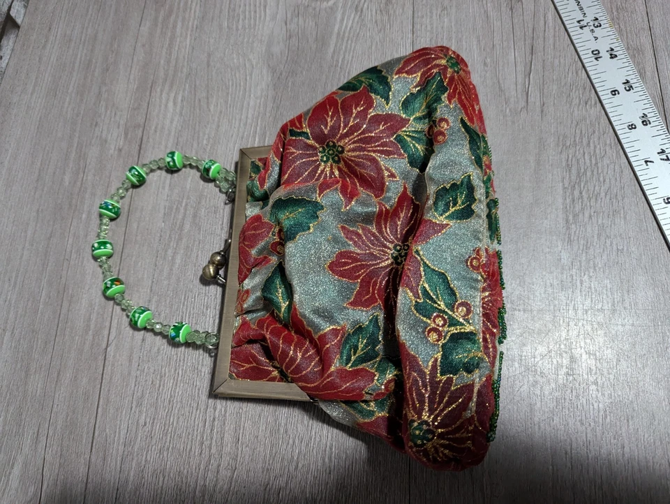 De Colección Retro Verde Rojo Navidad Flor de Pascua Con Cuentas Bolso sin asas Cartera Bolso de mano Foto 4 de 4