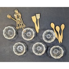 Vintage Open Salt Cellar Set, Glass Dishes, French Celluloid & Metal Spoons