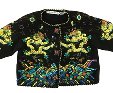 VTG Michael Simon Women's S-M Black Cardigan w Dragon Motif &Embellishments '91