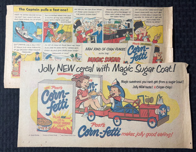 Vintage POST'S CORN-FETTI CEREAL 15x7.5'' Print Ad VG/VG+ Magic Sugar Coat LOT