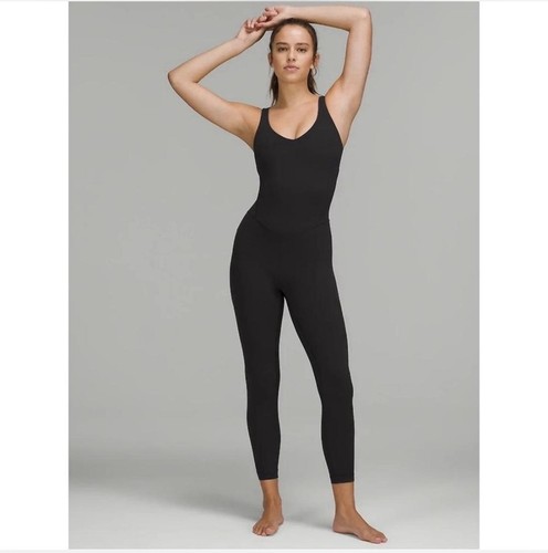 Lululemon Align Black Ribbed Bodysuit Women 12 Excellent 25" Nulu Yoga Jumpsuit