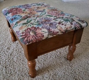 Vintage 80's Floral Jacquard Tapestry Storage Footstool, Sewing or Knitting