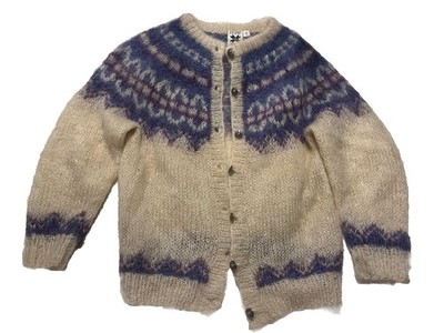Icelandic Design Womens Cream Fair Isle Handknit Mohair Cardigan Sweater S