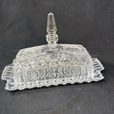 Vintage Anchor Hocking Covered Butter Dish Crystal Clear Finial Glass Rose Desgn
