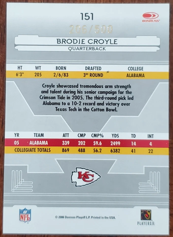 2006 LEAF CERTIFIED MATERIALS BRODIE CROYLE ROOKIE SP /500 CARD #151 NM-MT - Image 2 of 2