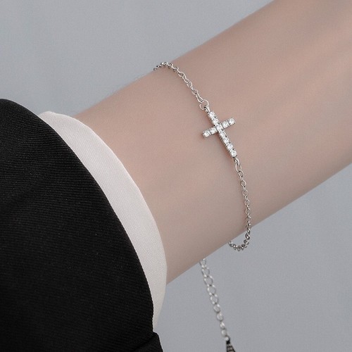 Women White Gold Plated Sideways Religious Cz Cross Link Chain Bracelet 8" PE35 - Picture 6 of 6