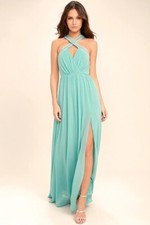 NWT Lulus Women  s Beaded Twist Front Prom Mint Bridesmaid Chiffon Maxi Dress S