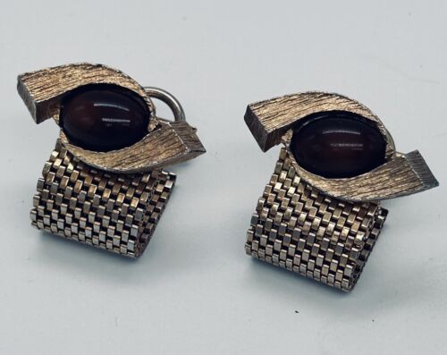 Men’s Mesh Vintage Cufflinks Brown Stone/glass - Picture 1 of 6
