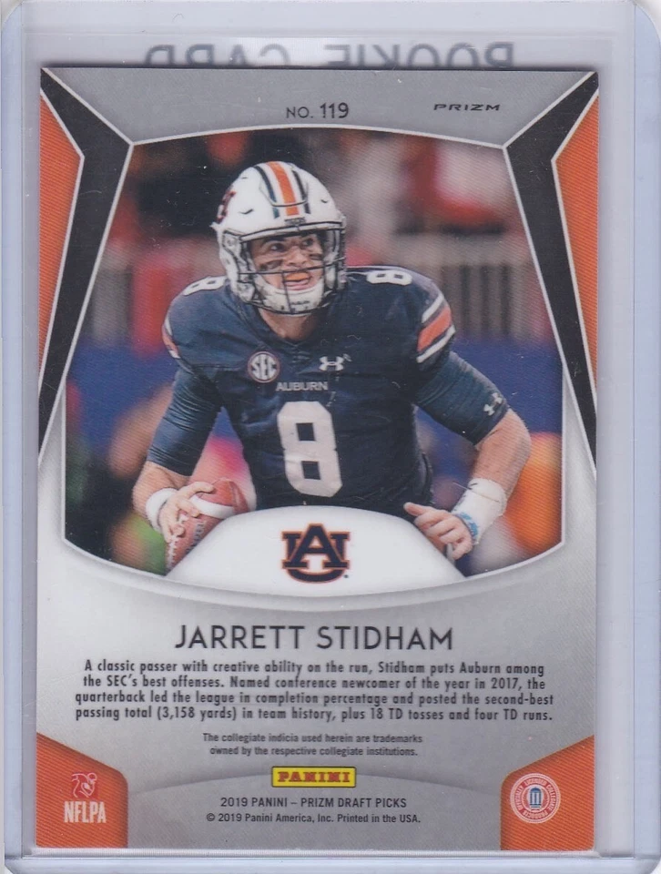 JARRETT STIDHAM ROOKIE CARD 2019 Auburn Tigers RARE PURPLE PRIZMS RC Broncos! - Image 2 of 2
