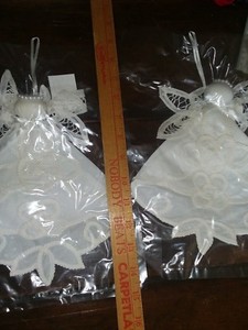 New Lot of Linen Angel Battenberg Lace Ornaments and green rattan