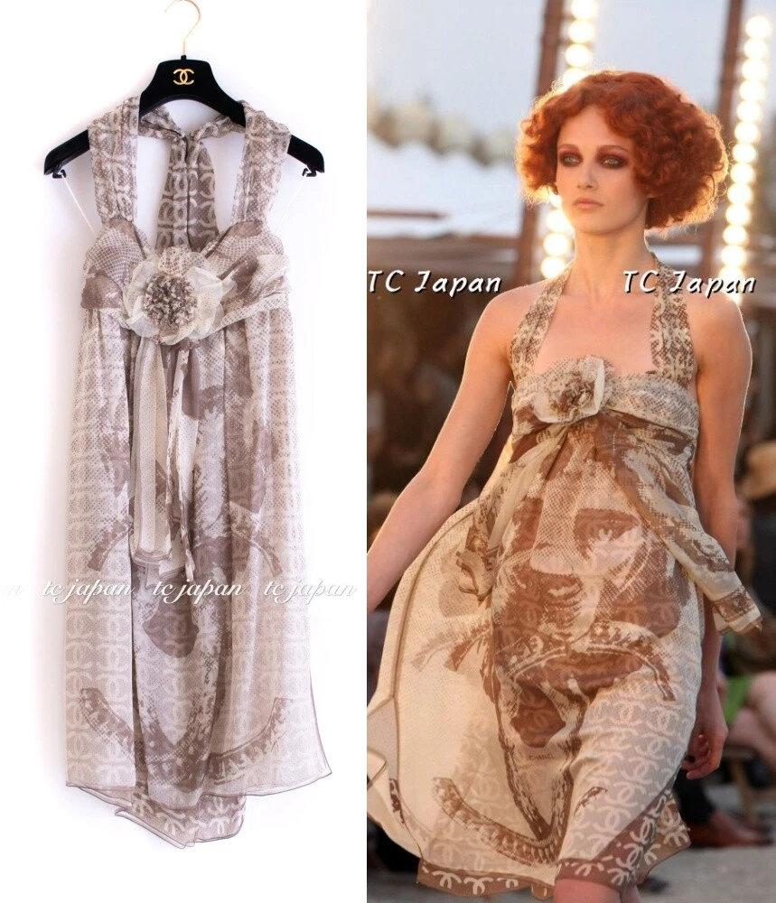 CHANEL Dress 34 36 38 $4,059 Lion Brown Silk Halter Neck with Camellia US2  4 6