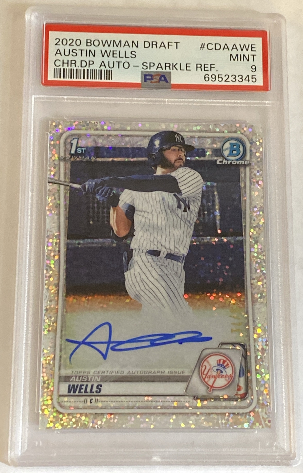 2020 Bowman Draft Chrome Austin Wells Sparkle Refractor Auto /71 PSA 9 MINT