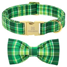 Maca Bates St. Patricks Day Irish Plaid Dog Collar with Fancy Bow Tie,Shamroc...