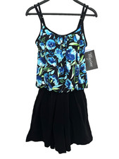 Maxine Of Hollywood Womens 6 Swim Romper One Piece Swimsuit Floral Pockets NWT