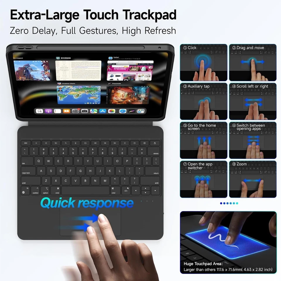 For iPad Pro 13" & 12.9" Kboard Case 360° Rotating w/ Trackpad & Backlight  Blck - Image 3 of 4