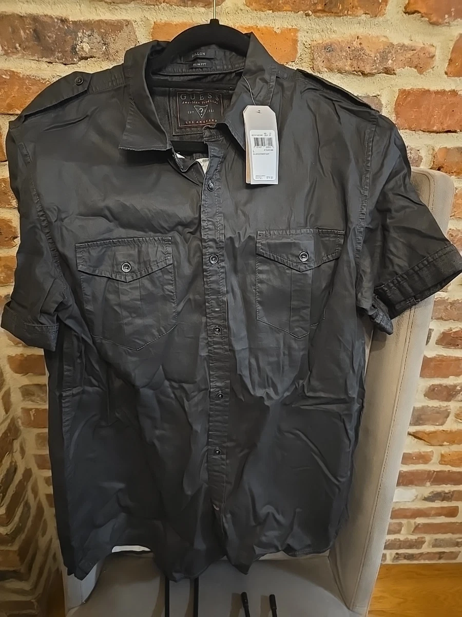 Camisa negra GUESS Dillon Jet para hombre talla grande manga corta abotonada