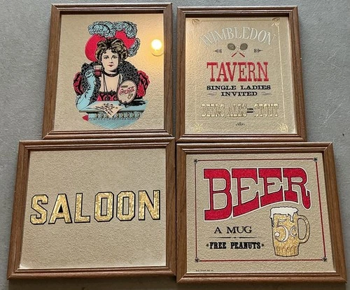 Vintage Mirror Back Bar Signs Set of 4 Man Cave 1974 6110 Coca Cola Beer