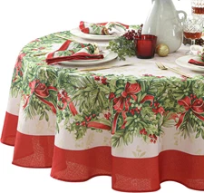 Christmas Holly Ribbon Traditions Bordered 70 Inch round Fabric Tablecloth, Boug
