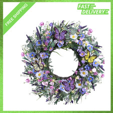 Wildflower Spring Wreath 24 Inch Blue Purple Daisies Lavender Front Door Decor