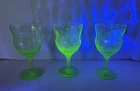 Set of 3 Vintage Anchor Hocking Ribbed Green Uranium Glass Goblets