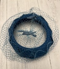 Vintage Women's Pillbox Hat Teal Blue Velvet Bow Veil Net 1950's