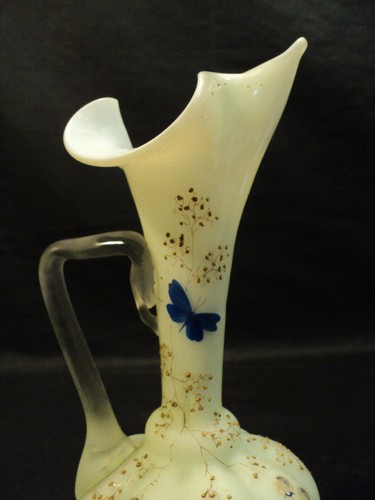 VICTORIAN PALE YELLOW SATIN GLASS EWER ENAMELED DESIGN - Picture 2 of 12