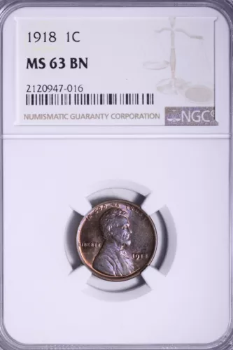 BU 1918 Lincoln Wheat Cent Penny NGC MS63 BN Super Color FREE SHIPPING UMR 016