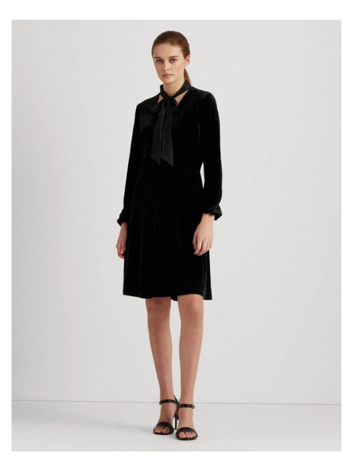 RALPH LAUREN Womens Black Long Sleeve Tie Neck Party Dress,Black