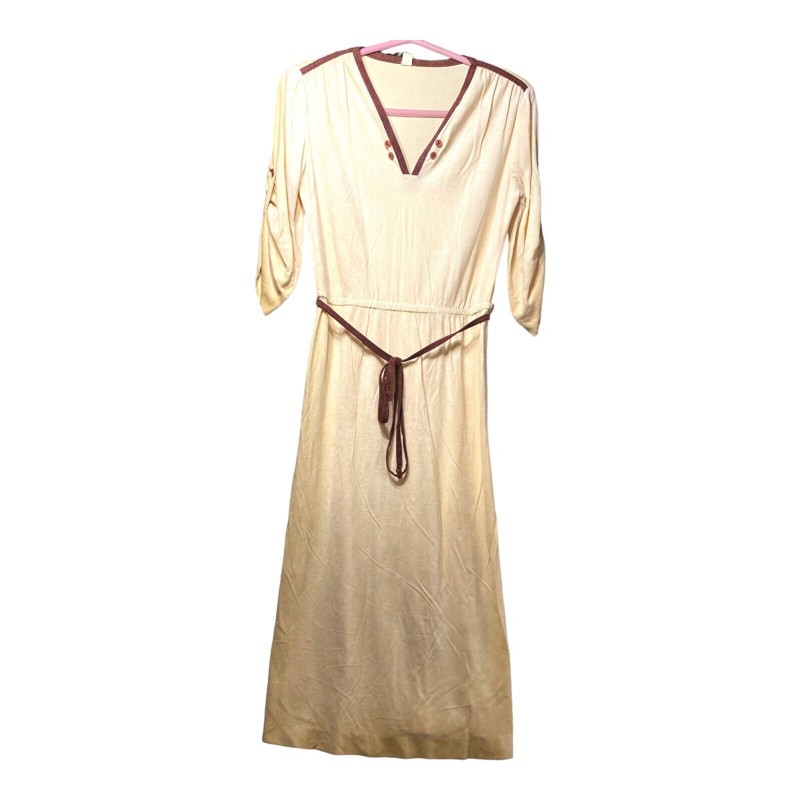 Vintage 70’s Velour Cream Brown Prairie Dress S/M… - image 1