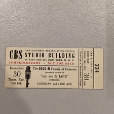 1948 CBS Studio Building Jello Presents Mr Ace & Jane Goodman Dec 30 Ticket