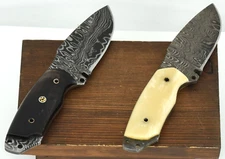 2x Rite Edge Damascus Steel Blade Buffalo Bone & Horn Knives & Leather Sheaths
