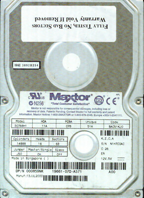 30768H1  BAC51KJ0  000859NK  Maxtor 3.5 IDE 7.6GB JUL 2000