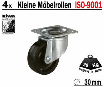 Möbelrollen Tischrollen Lenkrollen 4 x Ø 30mm Kunststoff Schw. BS-Rollen Germany
