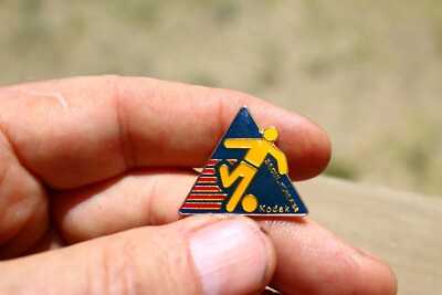 Lapel Pin, Seoul Korea Kodak, 1988. Soccer Player on Blue triangle, summer olymp