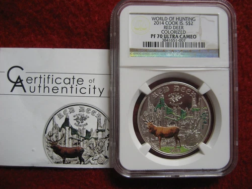 Cook Islands World of Hunting NGC PF70 Red Deer PureSilver Coin with COA 2014