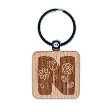 Sweet and Cute Flowers Rounded Block Letter N Engraved Wood Square Keychain