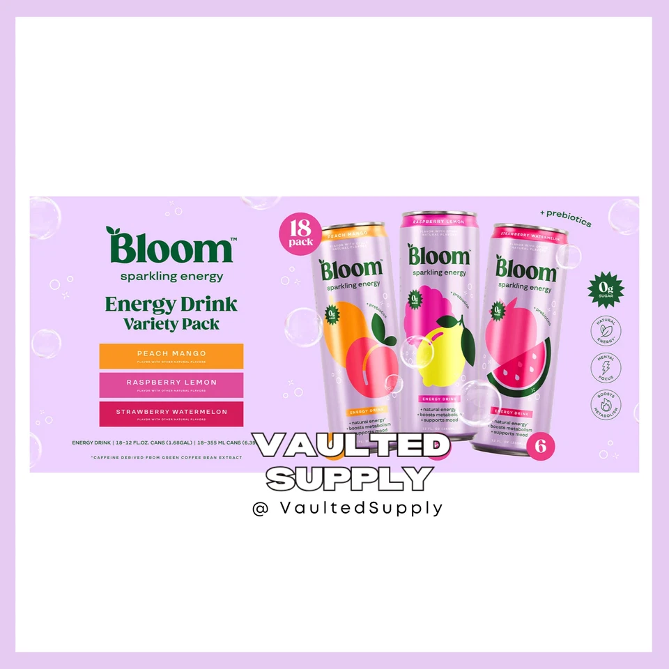Pack Variedad Bebida Energética Espumosa Bloom 18 Latas – Melocotón Mango, Limón, Sandía Foto 3 de 4