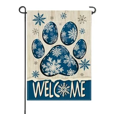 Welcome Winter Dog Cat Paw Prints Small Decorative Garden Flag, Blue Snowflak...