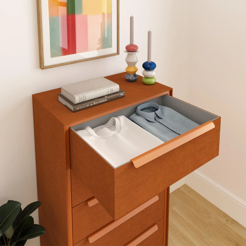 Cómoda de tela premium Naima - Marco de metal fuerte, 5 amplios cajones a prueba de flacidez... Foto 4 de 4