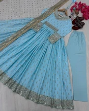 New Wedding Wear Sky Blue Chinon Silk Salwar Kameez With Dupatta For Women