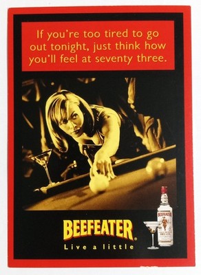 Beefeater Gin Ad Postcard Woman Pool Table ''Live a Little'' Max Racks