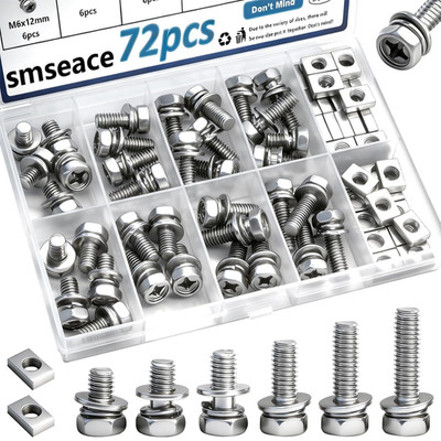 Smseace 72Pack Battery Terminal Bolts and Nuts 6-Sizes M6X10/12/14/16/18/20Mm 30