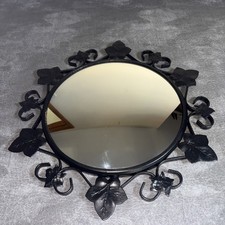 Convex Round Black Mirror with leaf detail. Wrought iron.  Pre owned 