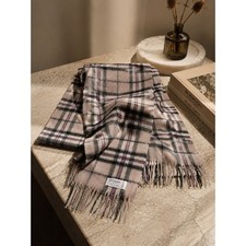 Edinburgh Scarf OS Beige Purple Excellent 100 Lambswool Plaid Fringe Scottish