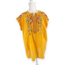 Johnny Was Biya Embroidered Haddie Mango Yellow Cotton Short Sleeve Blouse L