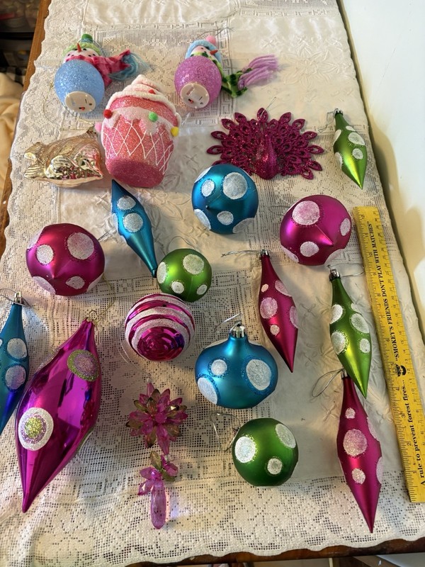 Lots Of Christmas Ornaments Purple Green And Turquoise