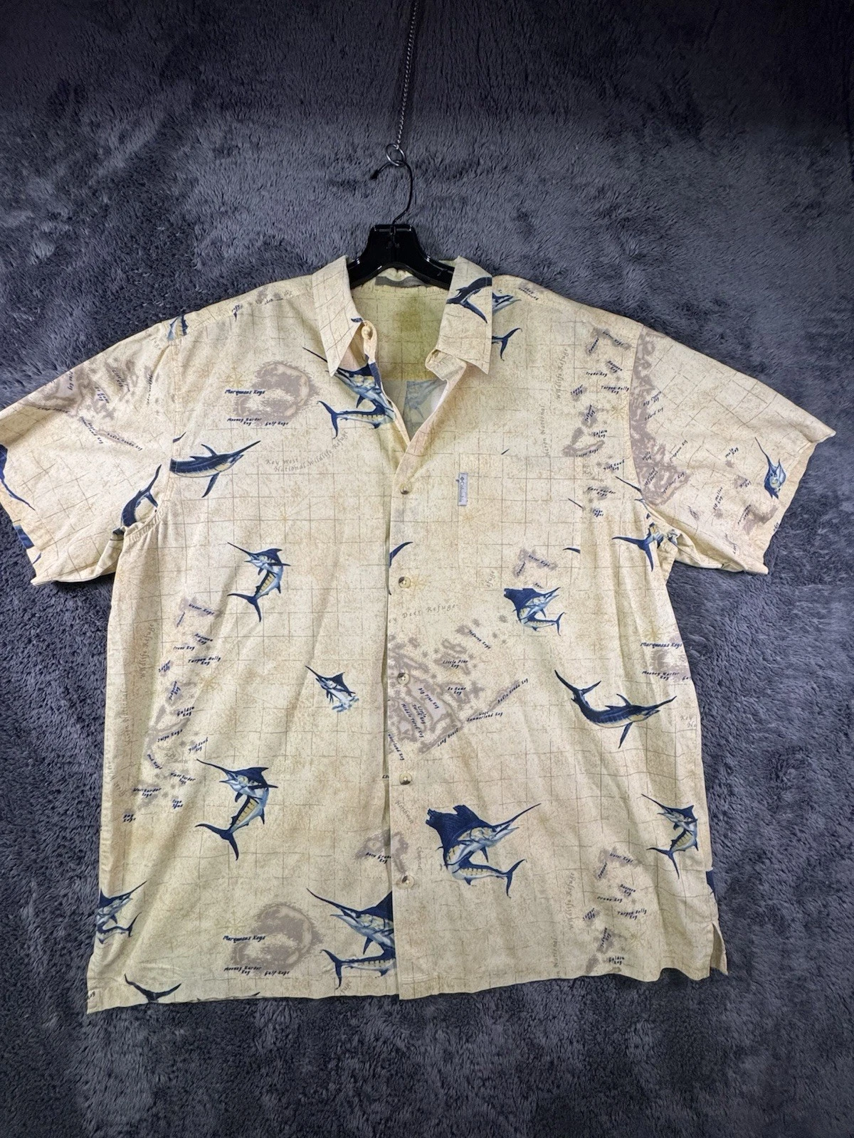 Columbia River Lodge Marlin Map Fishing Shirt XL Yellow Sailfish Button Up