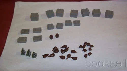 LOT OF ORIGINAL 1965 MARX WWII INVASION DAY MINIATURE CRATES, AMMO CASES, BAGS