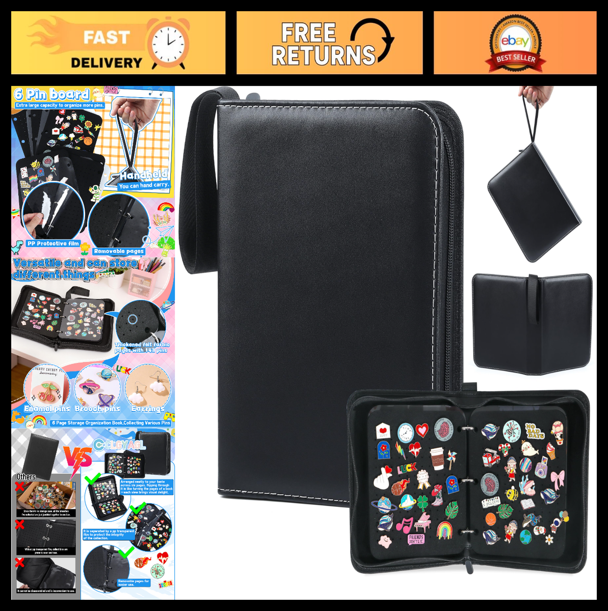 Portable Enamel Pin Display Case - 6-Page Black Leather Holder for