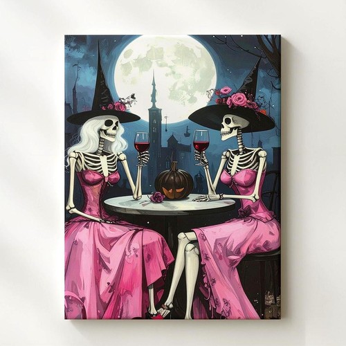 Moonlit Skeleton Witches Canvas Pink Dress Halloween Wine Art Wall Art